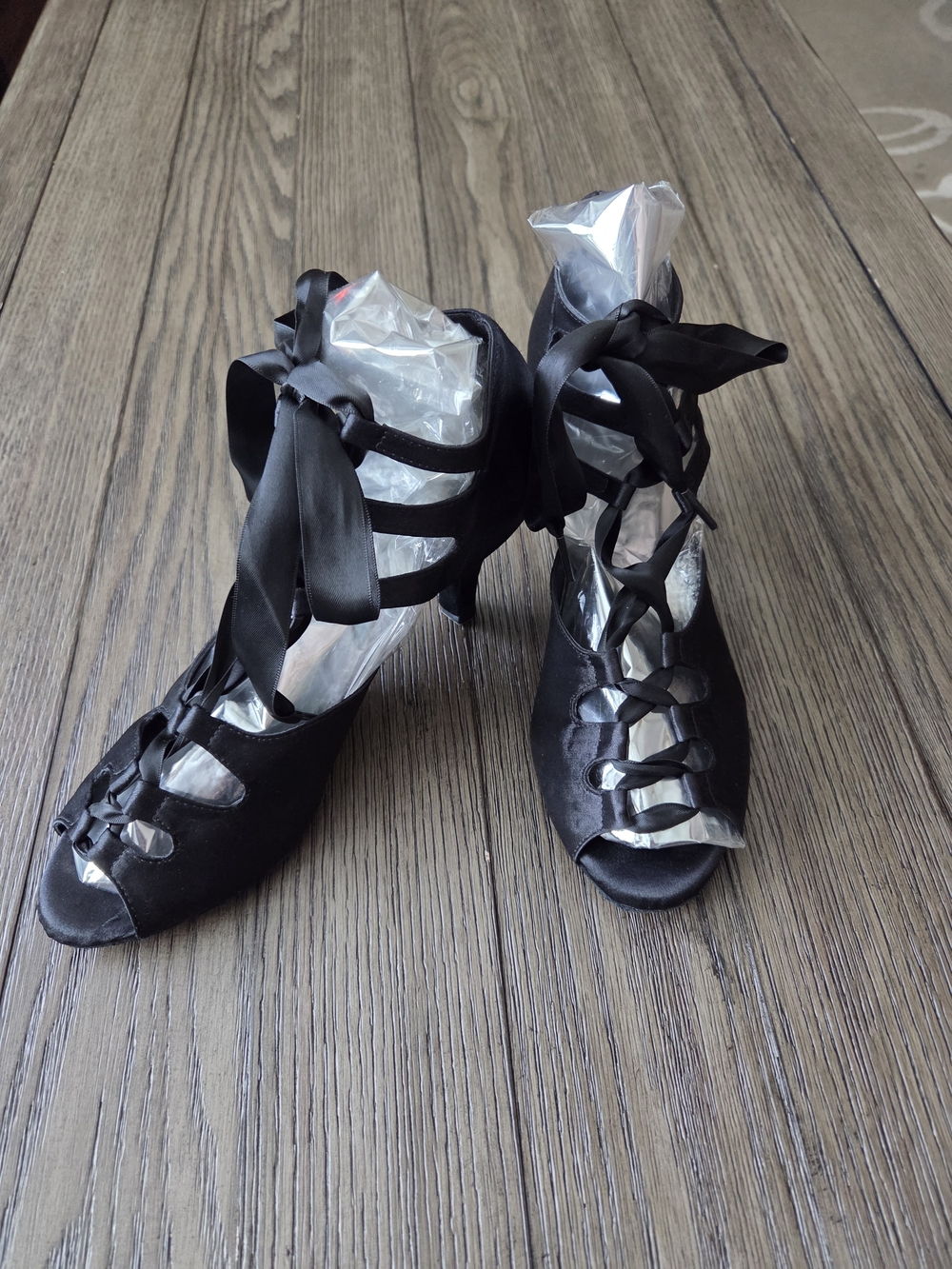Burju Black Satin Lace-Up Peep Toe Dance Heels - Size 9.5